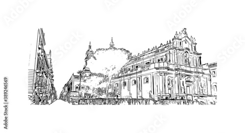 Building view with landmark of Catania is the second largest city in Italy. Hand drawn sketch illustration in vector. photo