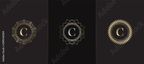 Golden Emblem Letter C Luxury Decoration Initial Logo Icon, Elegance Set Gold Ornate Emblem Deco Vector Design