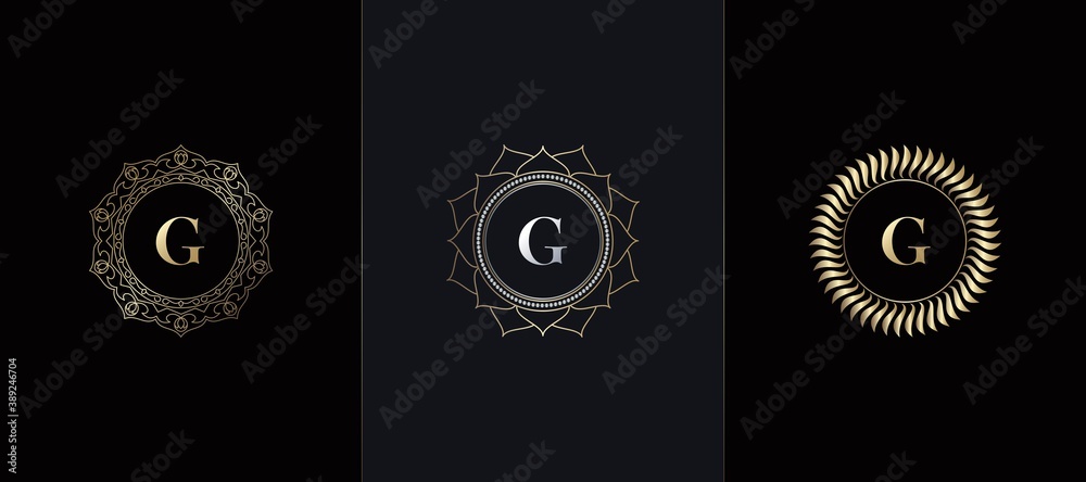 Golden Emblem Letter G Luxury Decoration Initial Logo Icon, Elegance Set Gold Ornate Emblem Deco Vector Design Golden Emblem Letter G Luxury Decoration Initial Logo Icon, Elegance Set Gold Ornate Emblem Deco Vector Design