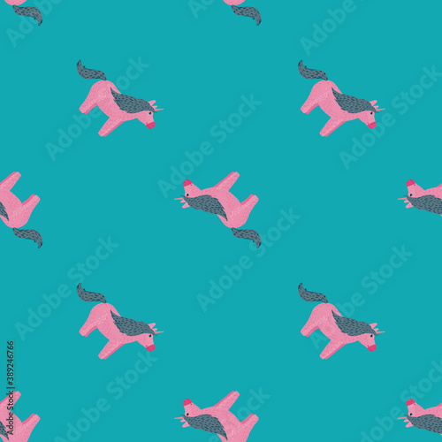 Cartoon seamless sweet pattern with childish pink unicorn silhouettes. Turquose bright background.