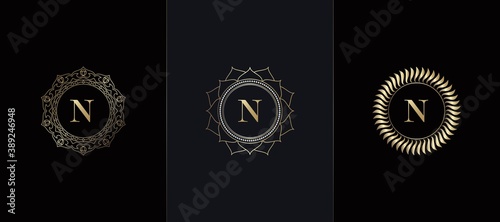 Golden Emblem Letter N Luxury Decoration Initial Logo Icon, Elegance Set Gold Ornate Emblem Deco Vector Design
