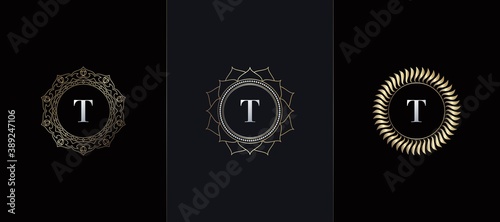 Golden Emblem Letter T Luxury Decoration Initial Logo Icon, Elegance Set Gold Ornate Emblem Deco Vector Design