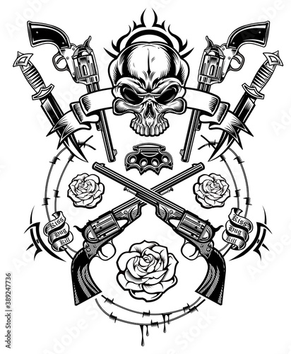A human skull with guns and red roses