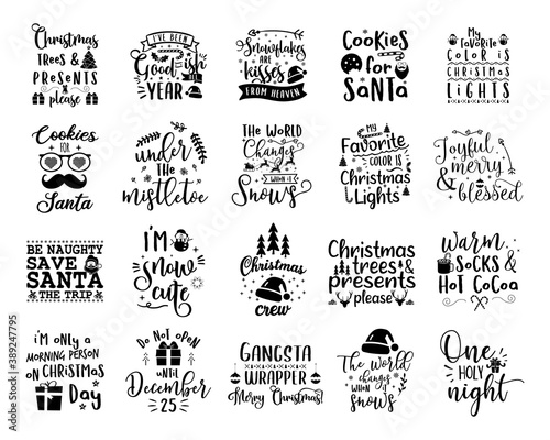 Christmas lettering quotes set. Silhouette calligraphy designs for xmas cards, t shirts, mug, other prints with words and holiday elements. Stock vector bundle