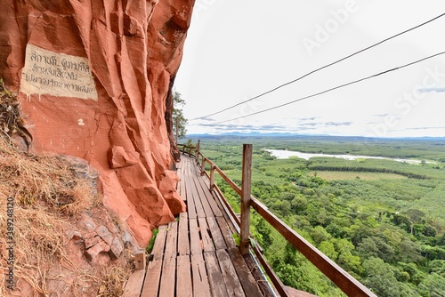 Wooden Cliffside Walkway Along Wat Phu Tok in Bueng Kan Province