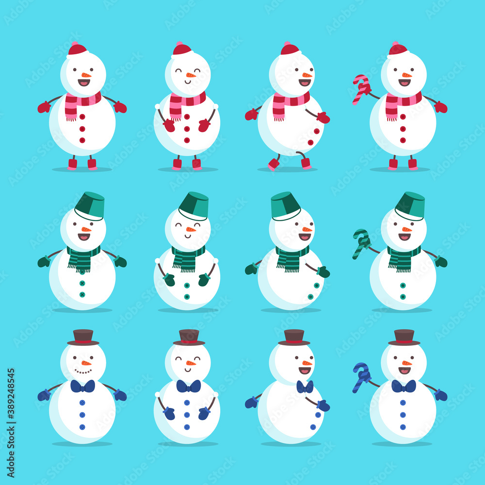 Set of cute playful snowmen. Elements from the Christmas collection of characters. Happy New Year, Merry Xmas design element. Good for card, banner, flayer, leaflet, poster. Vector illustration