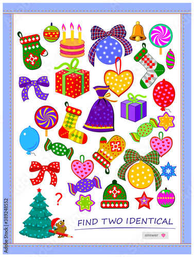Logic puzzle game for children and adults. Find two identical Christmas gifts. Memory training exercises for seniors. Printable page for kids brain teaser book. Developing spatial thinking. IQ test.