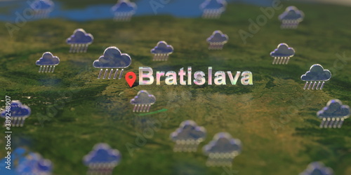 Photography Bratislava city and rainy weather icon on the map, weather forecast related 3D r