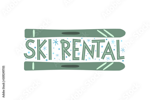 Hand Drawn Ski Rental Logo isolated on white background. Winter equipment emblem for stickers and badges. Vector illustration for sports and rental projects.