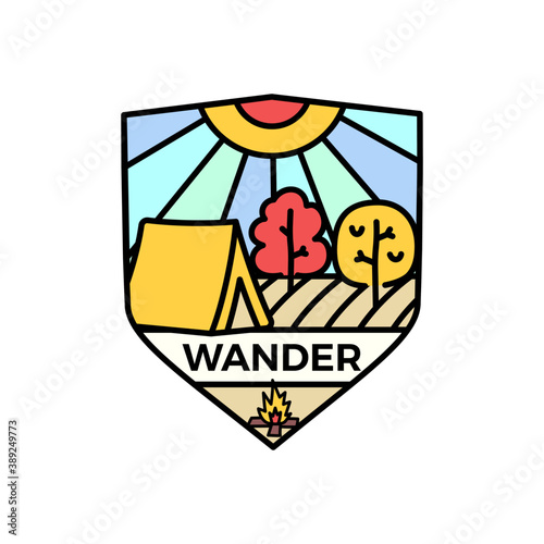 Wander logo emblem template, adventure label design with tent and trees. Unusual line art retro style sticker. Stock vector linear badge art