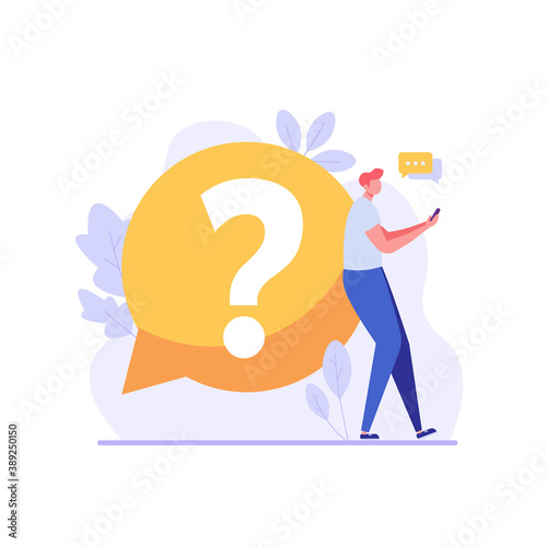 Man with big question mark. User asking frequently asked questions. Concept of customer guide, useful information, FAQ. Vector illustration in flat design for UI, web banner