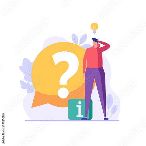 Man with big question mark. User asking frequently asked questions. Concept of customer guide, useful information, FAQ. Vector illustration in flat design for UI, web banner