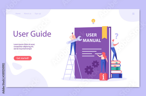 People read user manual book. Managers reading and writing guide instruction. Concept of customer guide, useful information, technical document. Vector illustration in flat design for UI, web banner
