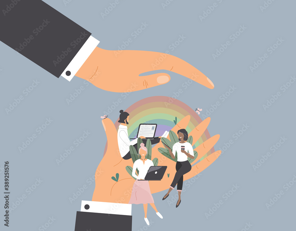 Tiny office workers sitting on huge hand under other hand as under shelter.Concept of good comfortable environment at work,favorable psychological climate and freedom of creativity for employee.Vector