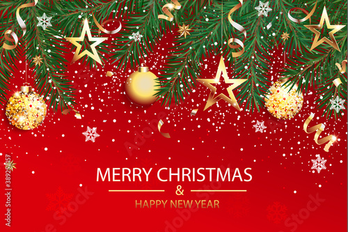 Wishing card for Christmas and Happy 2021 New Year.Greeting red banner with christmas decorations for congratulation or invitatin card, flyers, placard for seasonal holidays.Vector Illustration.