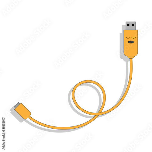 vector illustration of cartoon USB cable with stern face in yellow kawaii style twisted in a loop with shadow on white background