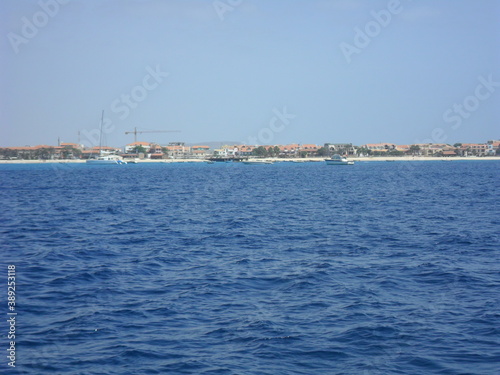 The white sandy beaches and turquoise ocean water on the coastal landscapes of Sal and Boa Vista in the Cape Verde Islands in the Atlantic, West Africa