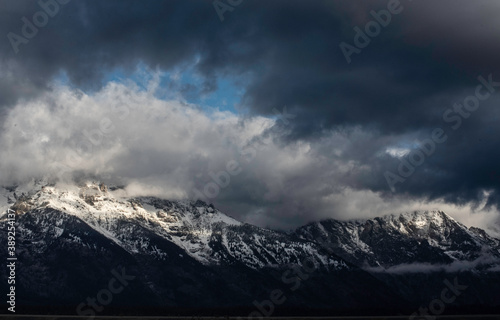 Snow capped mountains and yellow leaves in the fall of The Grand Tetons. © bettys4240