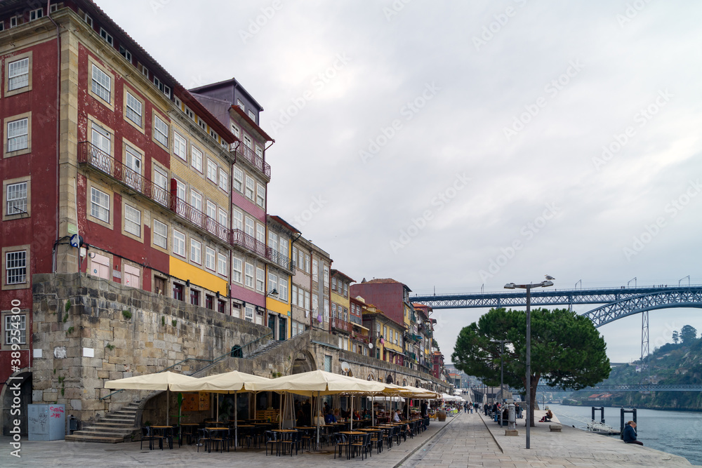 Picturesque and colorful buildings in Ribeira square by the river Douro. Porto. Portugal