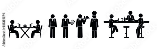 stick figure man, illustration of workers and restaurant visitors, isolated silhouettes of people in cafe and bar