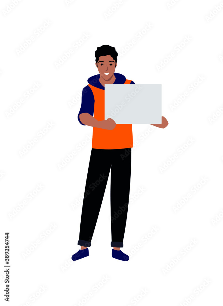young man stands holding blank sheet in his hands, isolated illustration, guy with banner young man stands holding blank sheet in his hands, isolated illustration, guy with banner