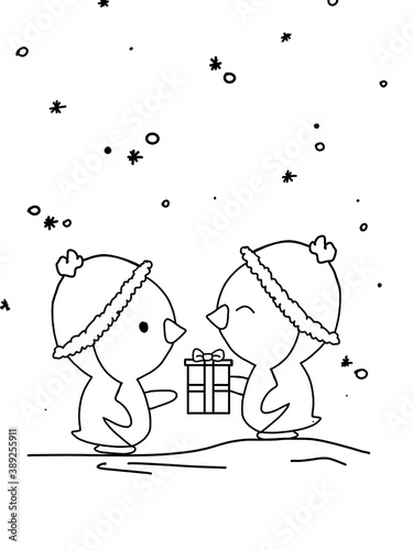 Colloring book of winter scenery with two little penguins giving each other a gift photo