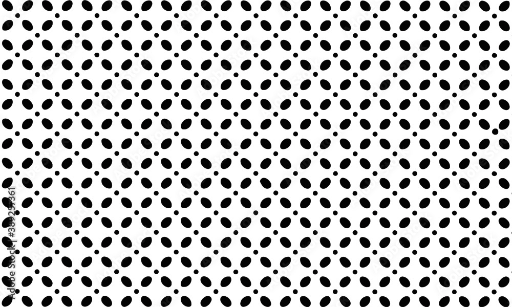  white and black pattern of flower shaped elements arranged in mosaic.