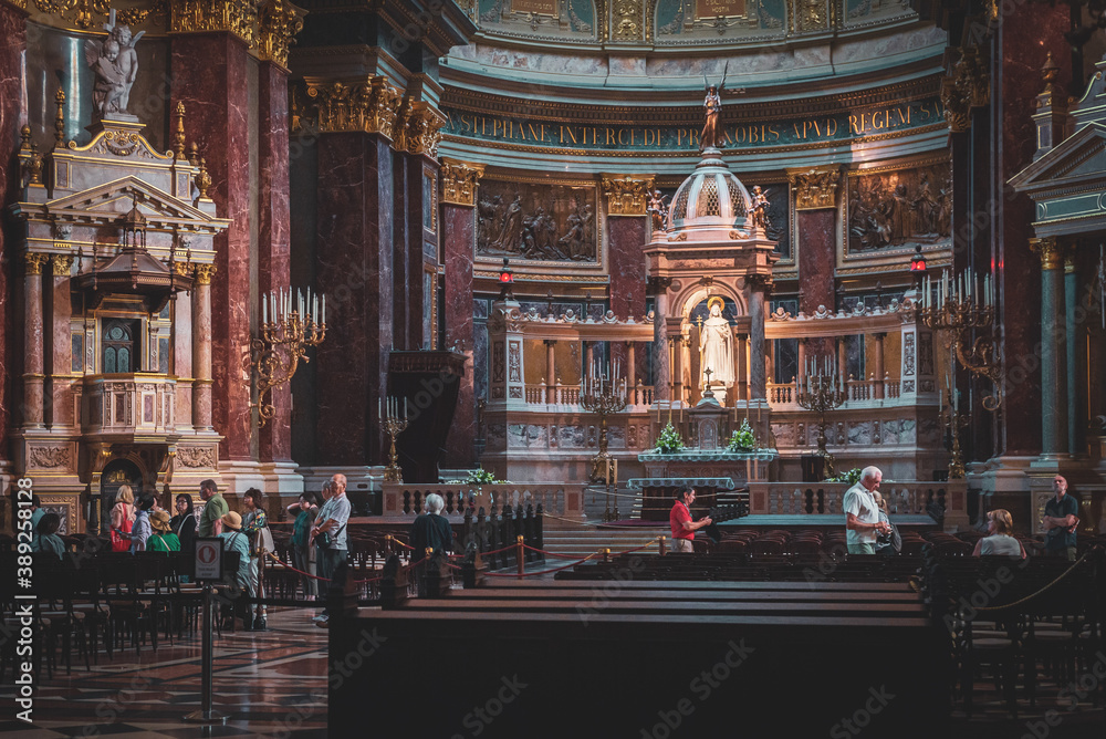 BUDAPEST, HUNGARY - JULY 15, 2019: St. Stephen's Basilica, interior. Statue of St. Stephen.