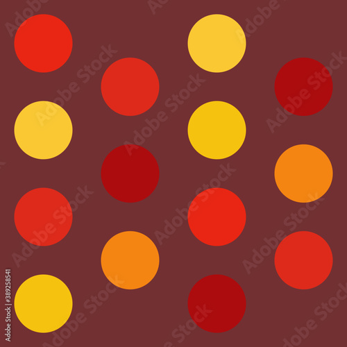 Brown background with multicolored circles. Yellow, orange, pink. A repeating pattern in rows. Vector illustration.