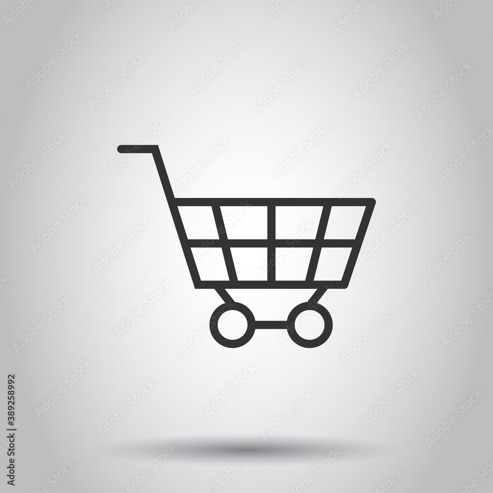 Shopping cart icon in flat style. Trolley vector illustration on white isolated background. Basket business concept. Shopping cart icon in flat style. Trolley vector illustration on white isolated background. Basket business concept.