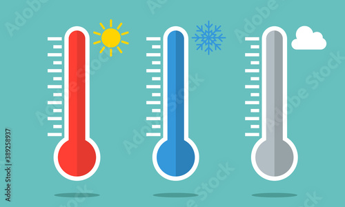 Hot and cold thermometer icon set. Hot sunny and cold snowy weather concept. Glass thermometer signs with sun and cloud with snow. Vector flat design cartoon style illustration. Celsius and Fahrenheit