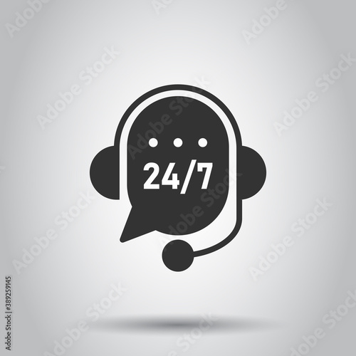 Helpdesk 24/7 icon in flat style. Headphone vector illustration on white isolated background. Chat operator business concept.