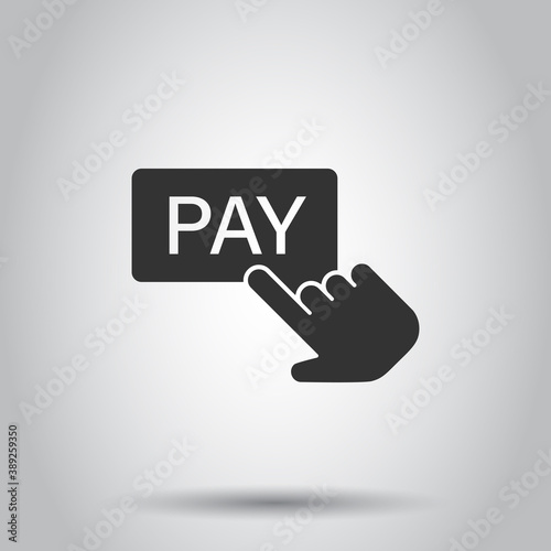 Pay shop icon in flat style. Finger cursor vector illustration on isolated background. Click button business concept.