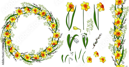 Round frame with beautiful flowers of daffodils, snowdrops and willow twigs. Spring season festive flower circle.