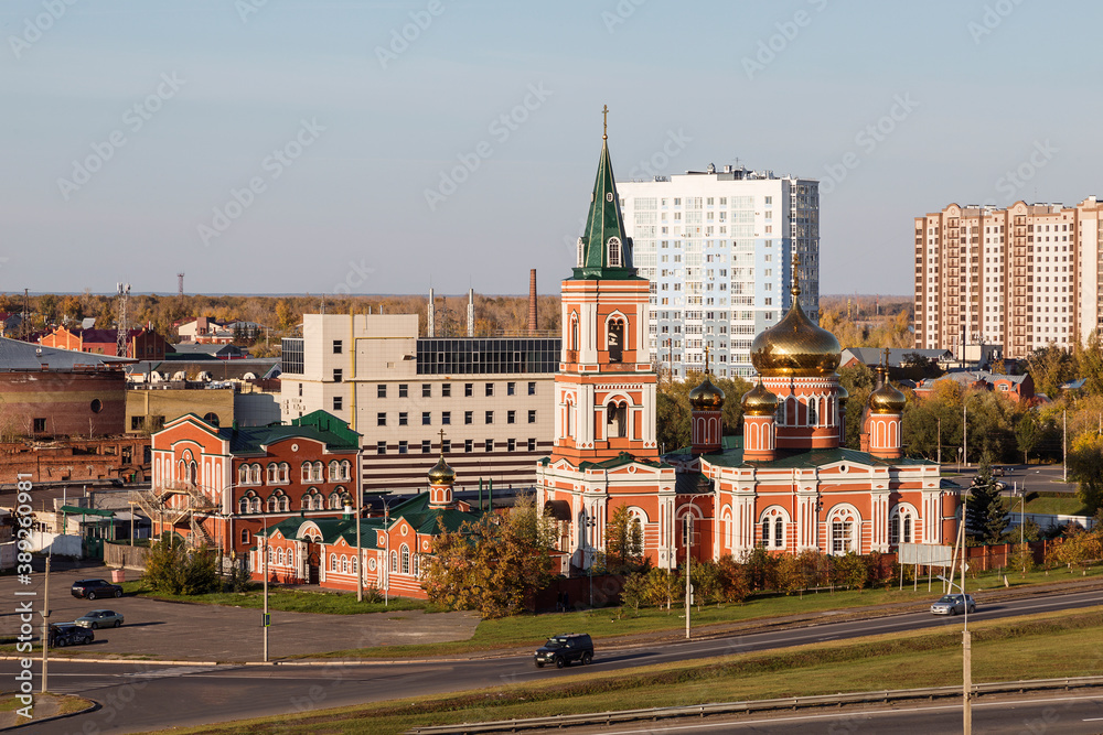 Top view of the city of Barnaul and the Znamensky convent. Russia