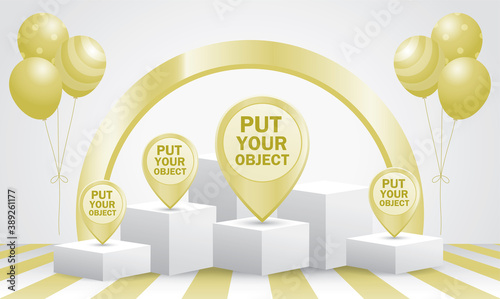 Display podium with balloon 3D illustration vector in white and gold color theme for putting your object.