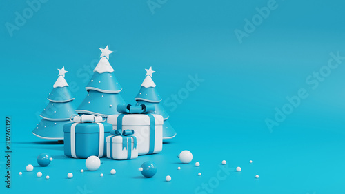 3d rendering of christmas tree and gift box on blue background.