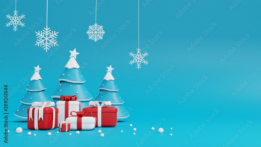 3d rendering of christmas tree and gift box on blue background.