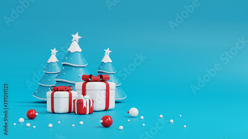 3d rendering of christmas tree and gift box on blue background. © Charcoal3D