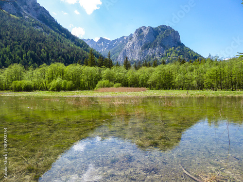 A crystal clear lake in Hochturm region, Austrian Alps. There are massive mountains in the back. The shore of the lake is overgrown with bushes and high grass. Soft reflections in the lake's surface photo