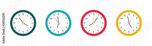 Set of color clocks. Wall clocks with different colors design. Vector colorful wall clock collection. Vector illustration