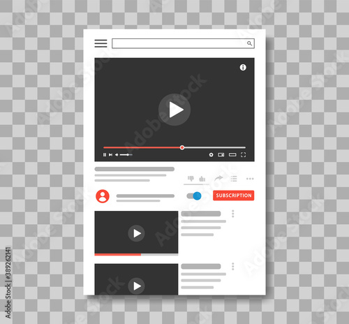 Social media video player interface template. Video content, blogging. Web window player. Site page with a video or video channel being played