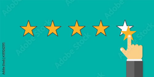 Positive feedback concept. Hand with pointing finger pointing to rating stars.Isolated rating icon on white background. Concept of consumer and service.