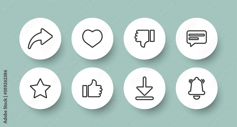 Round buttons.Button templates for web with shadow. Like, share, comment signs layout. Thumbs up and heart icon with repost and comment icons,arrow, download, subscription, message . Social media icon