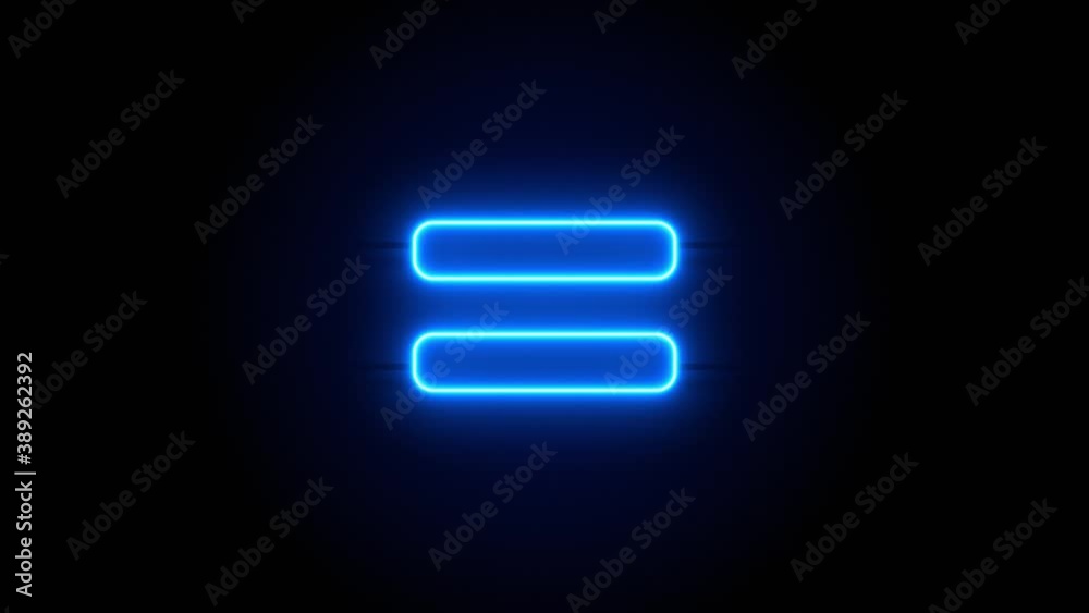 Equals neon sign appear in center and disappear after some time. Animated blue neon symbol on black background. Looped animation.