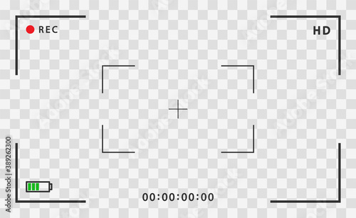 Camera view viewing images. Video recording screen on a transparent background. Visual screen focusing.Camera frame viewfinder vector screen of video recorder digital display with photo camera frames