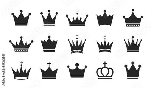 Set of black vector king crowns and icon on white background. Big collection king crowns. Royal icons collection set. Vintage crown. Vector illustration
