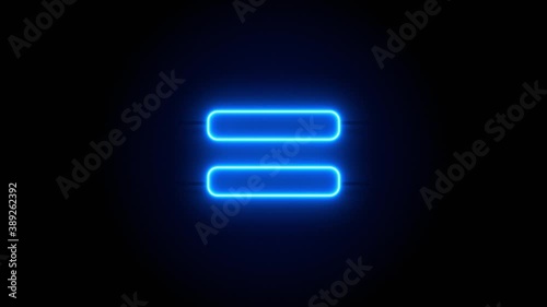 Equals neon sign appear in center and disappear after some time. Animated blue neon symbol on black background. Looped animation.
