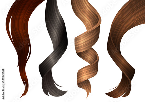 Set of Wavy Strands of Different Coloring Hair. Vector Realistic 3d Illustration. Design Element for Hairdressers, Beauty Salons, Hair Care Cosmetics, Shampoo or Conditioner Packaging