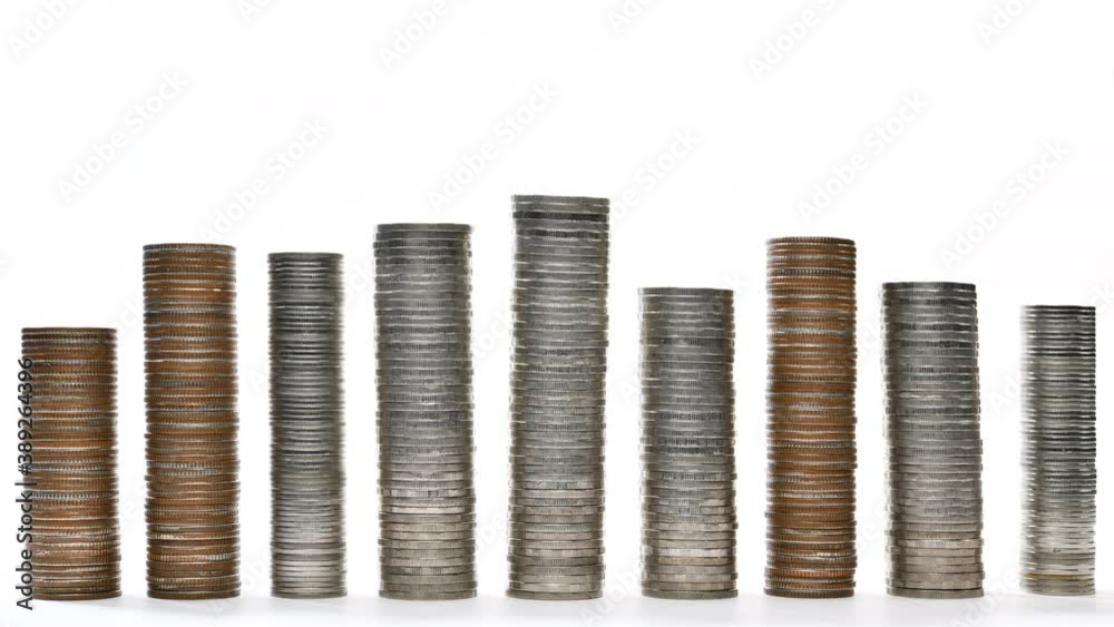 Coins on stack increasing on white background - stop motion Coins on stack increasing on white background - stop motion